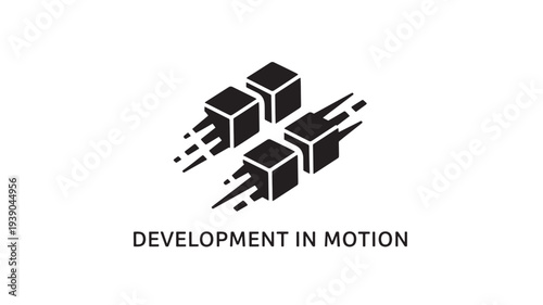 A black icon featuring cubes in motion on a white background, conveying development and progress.
