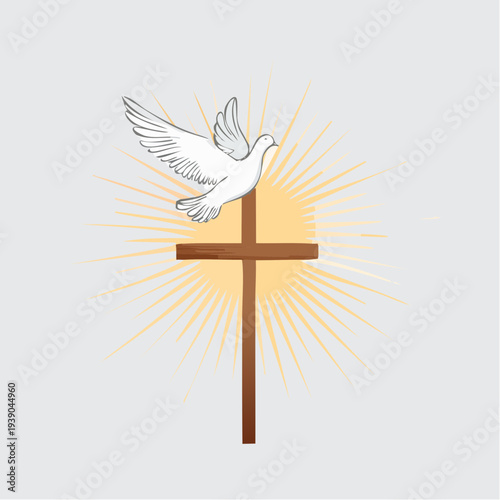 Christian cross with dove and rays of light symbolizing Holy Spirit.