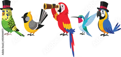 Cartoon Style Birds with Fun Top Hats, Including Parrot with Telescope, Hummingbird, and Budgie