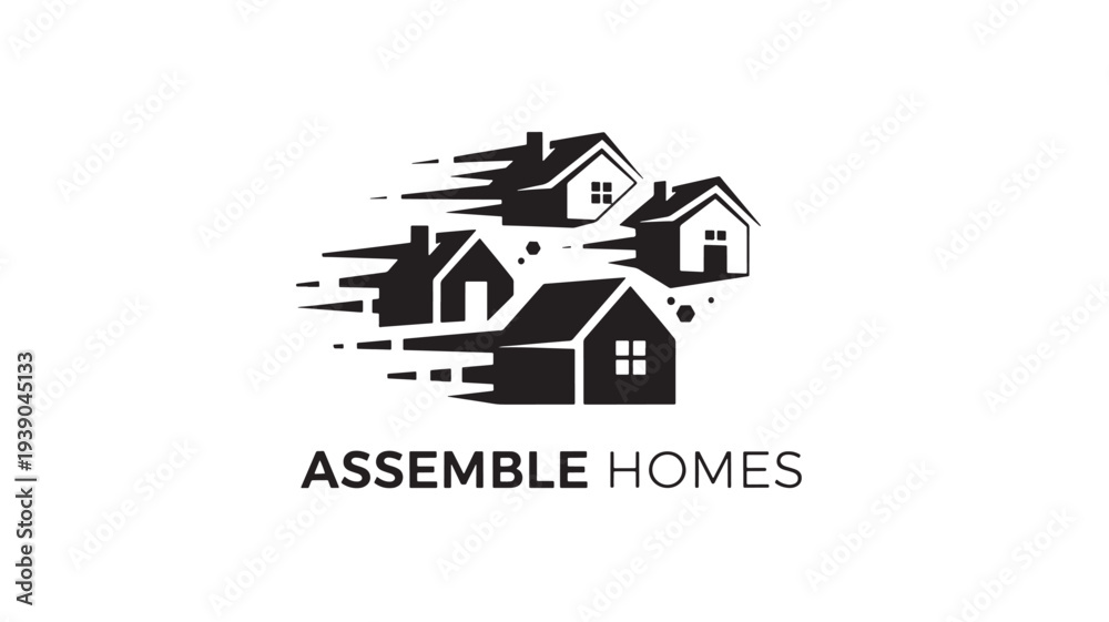 Fototapeta premium A black and white logo featuring stylized houses with the text 'assemble homes' below, conveying a sense of modern home building and construction.
