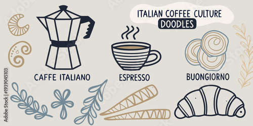 Italian coffee culture illustration featuring espresso croissants and doodles
