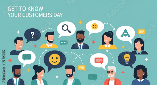 Diverse group of people communicating with speech bubbles on get to know your customers day