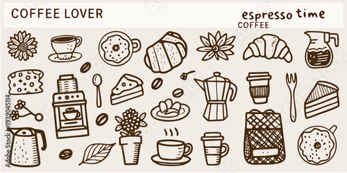 Hand drawn illustration featuring coffee pastries and related accessories
