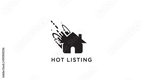 A black house icon with a hot listing label and abstract design elements on a white background, conveying a sense of urgency and modernity.