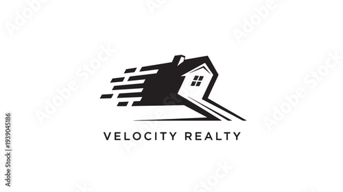 Minimalist black and white real estate logo featuring a stylized house with dynamic speed lines, ideal for branding and commercial use.