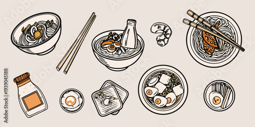 A colorful illustration of japanese ramen udon and accompanying condiments