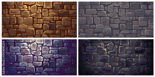 Tableau sur toile Four variations of a stylized stone wall texture in different lighting
