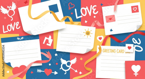 Colorful valentine's day greeting cards with love letters and hearts on festive background