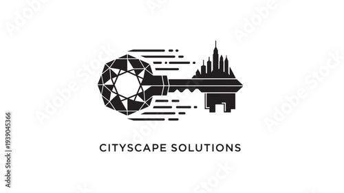 A black and white logo featuring a stylized key with a cityscape and geometric design, representing Cityscape Solutions, conveying urban planning and development.