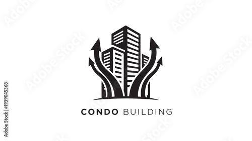 A sleek black icon of a condo building with arrows growing out of it, representing growth and development in real estate, on a clean white background, perfect for business and architecture concepts