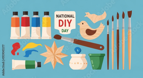 National diy day illustration with art supplies and bird decorations on blue background