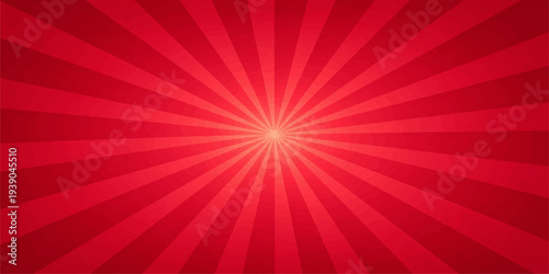 Bright red sunburst background with radial orange rays and a glowing light star explosion, featuring a vibrant vector design pattern for an energetic wallpaper backdrop illustration