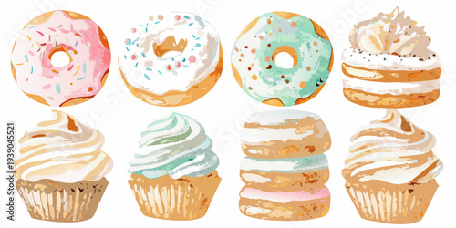 Colorful assortment of donuts and cupcakes in a painted illustration