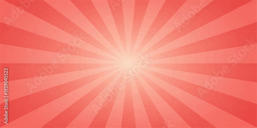 A vibrant red sunburst background features radial orange rays and yellow light beams in a retro vector illustration design, creating a vintage summer star pattern wallpaper with stripes and textures