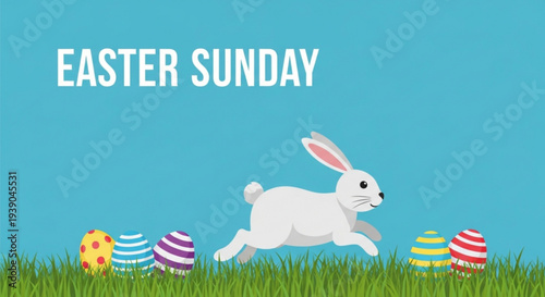 Easter sunday bunny runs with colorful eggs in grass