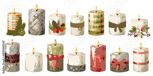 Collection of decorative candles with varied patterns and festive embellishments