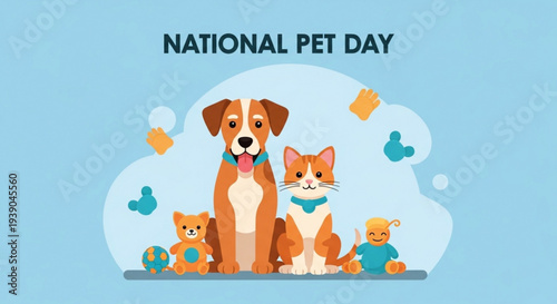 National pet day celebration with happy animals and toys