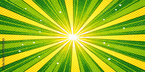 A vintage sunburst vector background features abstract retro rays in a grunge texture with green, orange, and yellow light beams forming a stylized starburst pattern illustration for a wallpaper