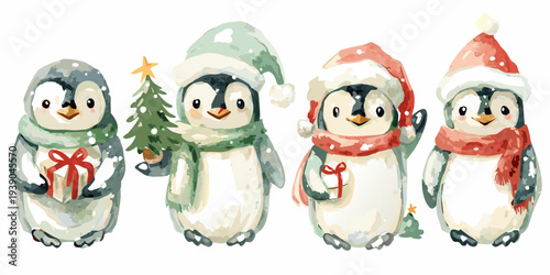 Watercolor penguins wearing winter hats and holding gifts for the holidays