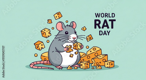 Gray rat eating cheese on world rat day with chunks flying around on mint green background