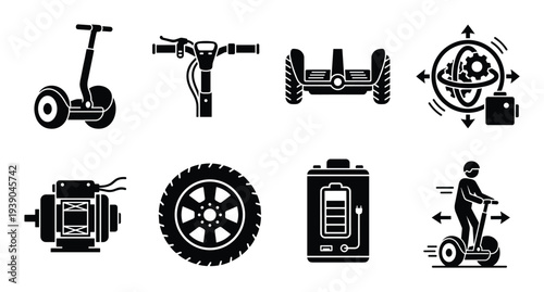 Segway components vector set: platform, handle, self-balancing system, motor, wheel, battery, and rider icon