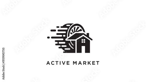 A sleek black icon of a house with a wheel, symbolizing active market concepts, set against a clean white background with bold lines and geometric shapes.
