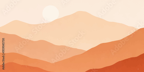 Vector illustration of an abstract mountain landscape featuring a hot desert sunset with orange sand dunes and a yellow sun silhouette over the dry Sahara hills