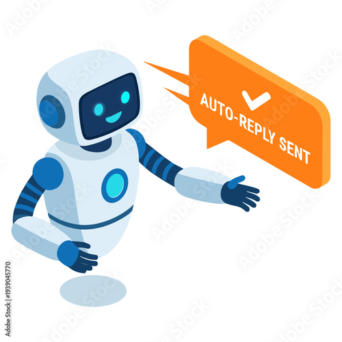 A cartoon robot sends an auto-reply message with a speech bubble.
