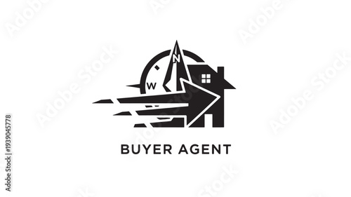 A black and white logo featuring a house, compass, and arrow, representing a buyer agent, on a clean white background with professional and modern aesthetic