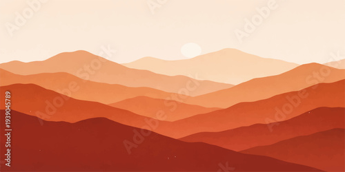 A misty orange sunset glows over blue mountain silhouettes and rolling hills as fog settles into the forest valley under a summer sky at dawn