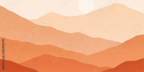 Abstract vector illustration of a desert mountain landscape with sand dunes and a yellow sun setting over an orange horizon