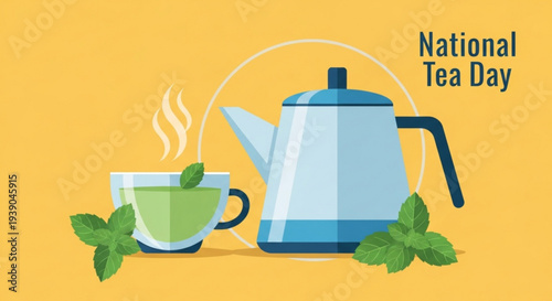 National tea day illustration with kettle cup and mint leaves on yellow background