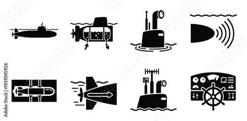 Submarine vector icons set. Submarine parts, sonar, torpedo, antenna, periscope, dashboard, control, sea navigation