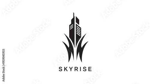 A sleek black skyscraper icon with stylized grass elements and the word 'SKYRISE' on a white background, representing modern architecture and urban development.