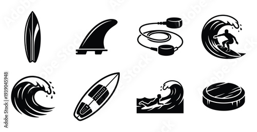 Surfboard vector set with deck, fin, leash, surfer, and ocean wave icons for surfing and water sports design elements