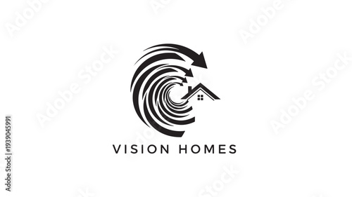 A black and white logo featuring a stylized house with a swirling arrow, representing Vision Homes, a real estate brand, on a clean white background.