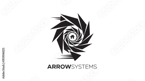 A sleek black logo featuring an abstract arrow design for Arrow Systems, conveying innovation and technology on a white background.
