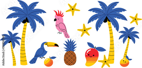 Cartoon Tropical Scene with Cockatoo, Toucan, Palm Trees, Fruits, and Starfish