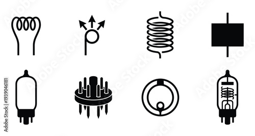 Vacuum tube electrode element icons: heater, anode, cathode, grid, pentode, socket, triode and tetrode icons