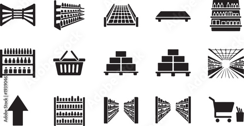 Supermarket shelves and shopping cart icons set products display retail store layout on transparent background