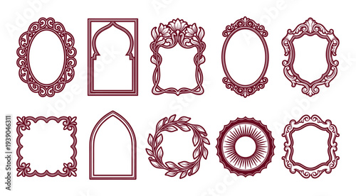 Collection of ten ornate decorative frames in burgundy color, different shapes and styles on a white background. Frame borders design.