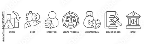Bankruptcy banner web icon illustration with icon of crisis, debt, creditor, legal process, moratorium, court order, bank