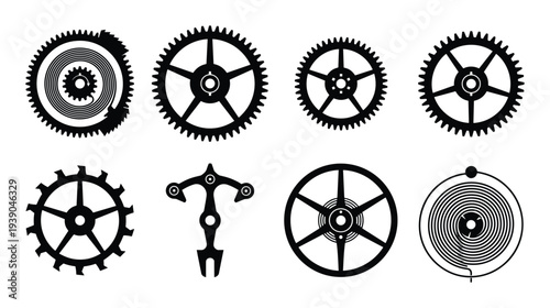 Watch movement parts icons vector illustration. Gears, balance wheel, and spring components detail design. Isolated on white.