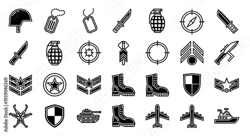 Comprehensive collection of military gear and symbols including helmets, grenades, weapons, and ranks, in a black and white icon set on an isolated white background.