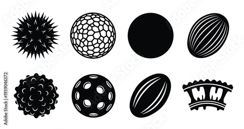 Diverse pollen grain surface texture icons: spiky, honeycomb, smooth, ribbed, and patterned vector illustration