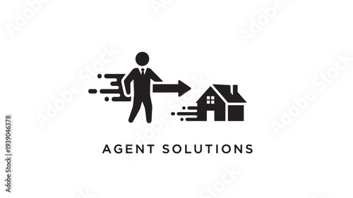 A black icon depicting a real estate agent guiding a house with an arrow, symbolizing property relocation and agent solutions.
