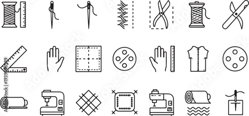 Sewing and tailoring kit and tools embroidery needle thread scissors fabric spool and measuring ruler sewing machine