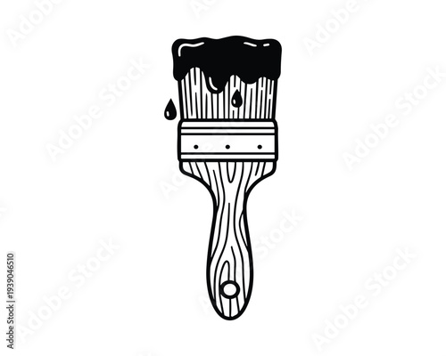 Paint brush with black paint dripping, wooden handle, and clean white background illustration.