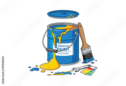 Paint can with yellow and blue paint spilling with brush and wrench and color palette, a premium vivid colors illustration