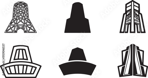 Set of modern architectural building silhouettes including unique skyscraper and tower designs for city skylines vector
